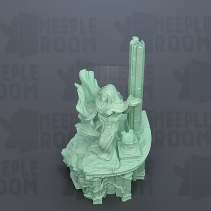 A green statue of a figure with flowing robes and a long headdress, standing on a pedestal with a book and a small statue on it, against a dark background with repeated text.