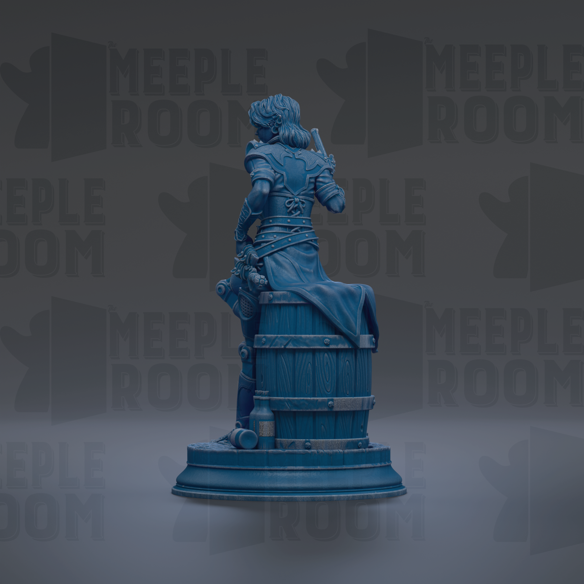 A blue statue of a person sitting on a barrel, with the text "MEIPLLE ROOM" repeated in the background.