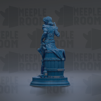 A blue statue of a person sitting on a barrel, with the text "MEIPLLE ROOM" repeated in the background.