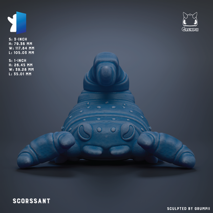 A blue 3D model of a crab-like creature with a textured shell and a small head.