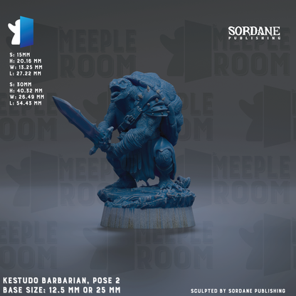 The image is a promotional image for a tabletop roleplaying game called KestUDO Barbarian, featuring a figurine of the barbarian character posed on a base.