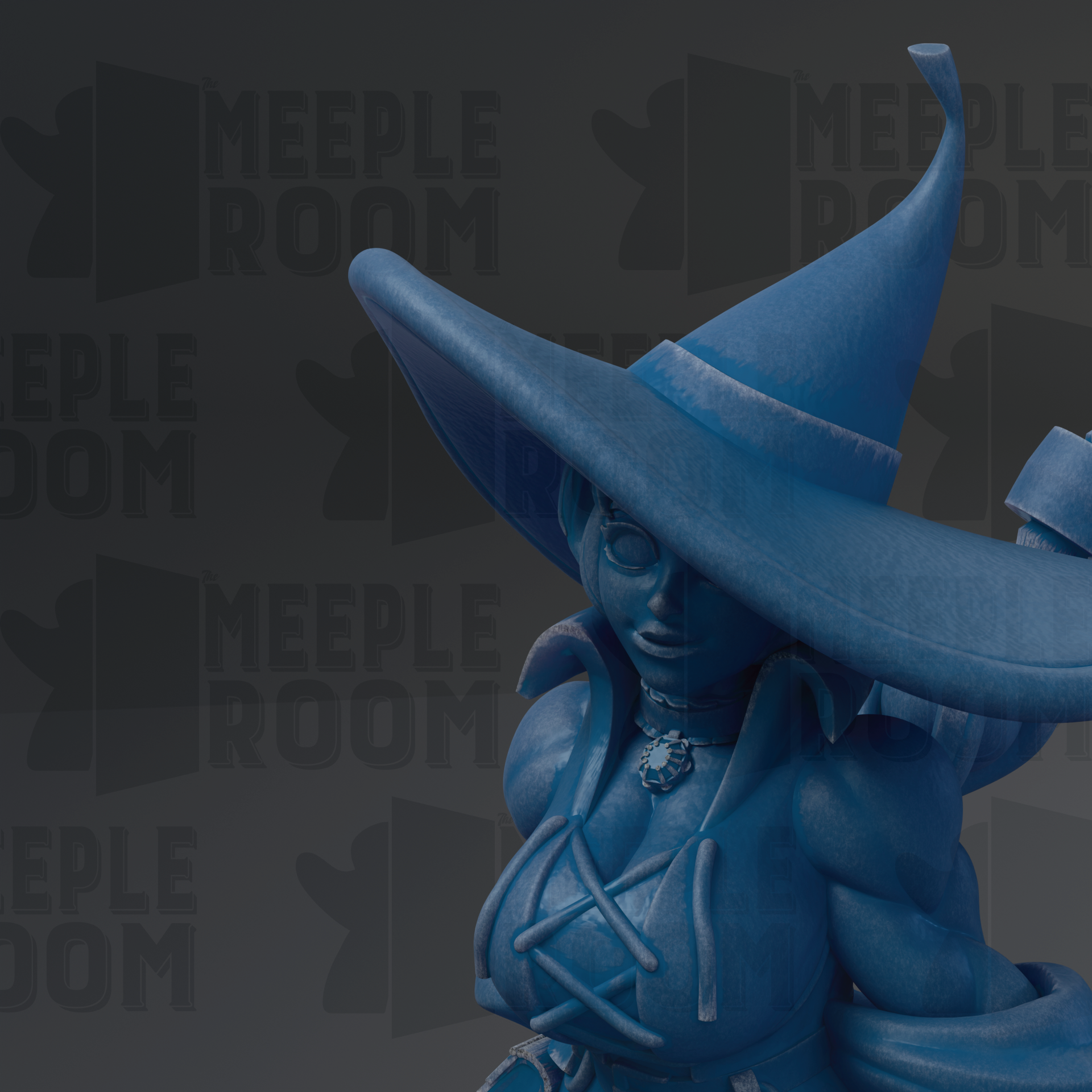 A close-up of a blue, fantastical-looking statue or sculpture with a pointed hat, set against a dark background with repeated text.