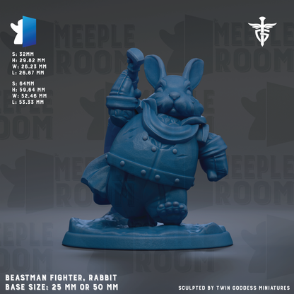 The image is a detailed model of a blue rabbit figurine, specifically a bearded fighter, with a base size of 25mm or 50mm.