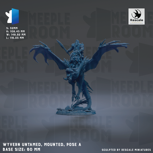 The image is a detailed 3D model of a winged creature, possibly a dragon or mythical beast, mounted on a horse. The creature is shown in a pose, with its wings spread wide. The background of the image is a dark blue color, which contrasts with the creature and makes it stand out. The image is described as a "Wyvern Untamed, Mounted, Pose A" and is labeled as a "Base Size: 60 MM". It is also described as a "Collage of multiple images" and "Sculpted by Rescue Miniatures".