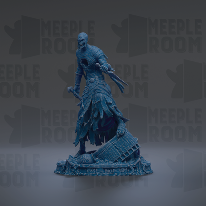 A figurine of a person with a fierce expression, wearing a long, flowing dress, stands on a platform against a dark background with repeated text.
