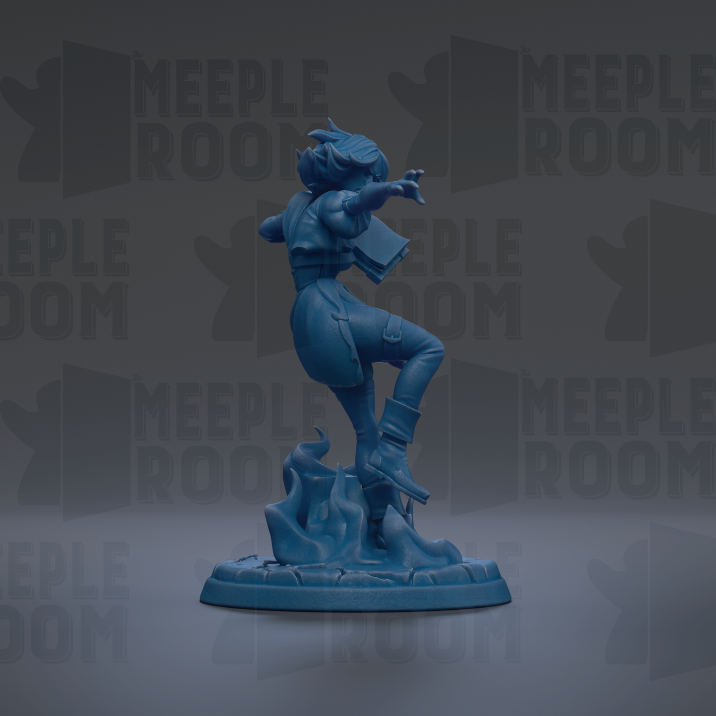 A blue figurine of a person standing on a rock, with the text "MEUPLE ROOM" repeated in the background.