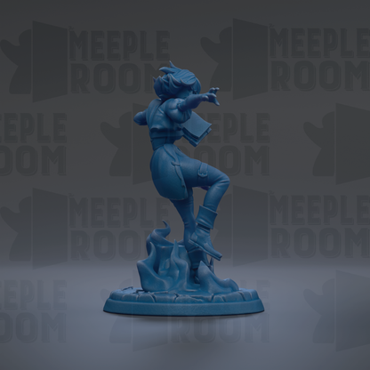 A blue figurine of a person standing on a rock, with the text "MEUPLE ROOM" repeated in the background.
