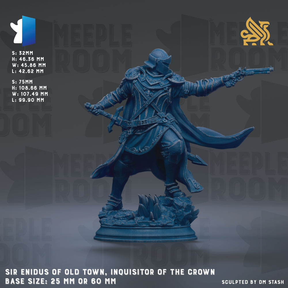 a figurine of a character named Sir Endus of Old Town, who is described as an inquisitor of the crown. The figurine is shown in a dynamic pose, with a sword in hand and a cape billowing behind him. The base size of the figurine is either 25mm or 60mm, depending on the perspective. The image is a collage of various images, and the phrase "Sculpted by DM Stash" is mentioned at the bottom.
