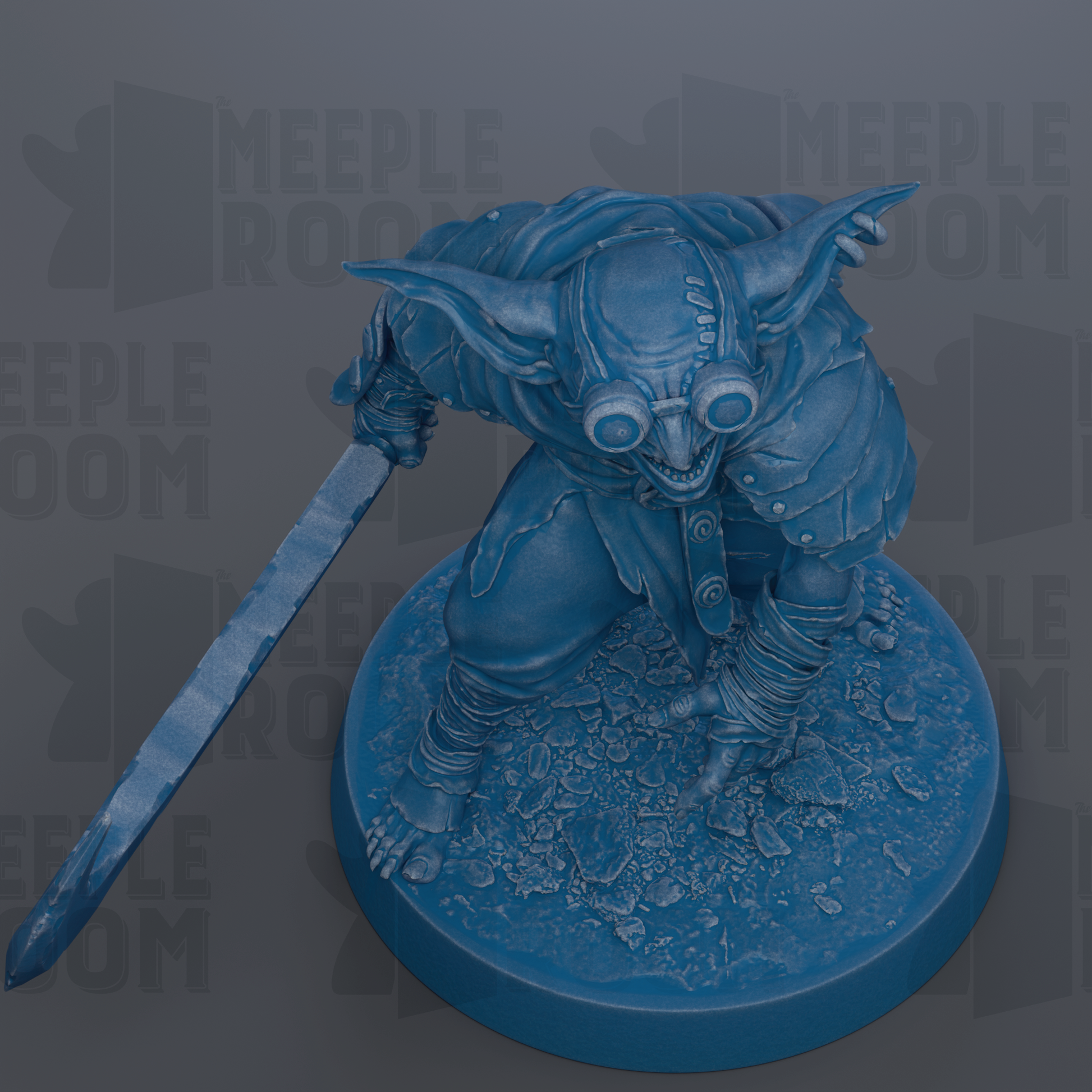 A blue, 3D-rendered statue of a fantastical creature with large ears, a pointed head, and a sword in its hand, standing on a base.
