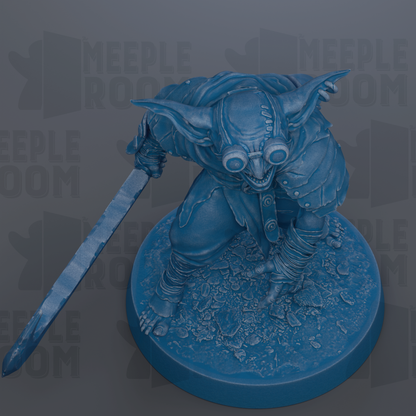 A blue, 3D-rendered statue of a fantastical creature with large ears, a pointed head, and a sword in its hand, standing on a base.