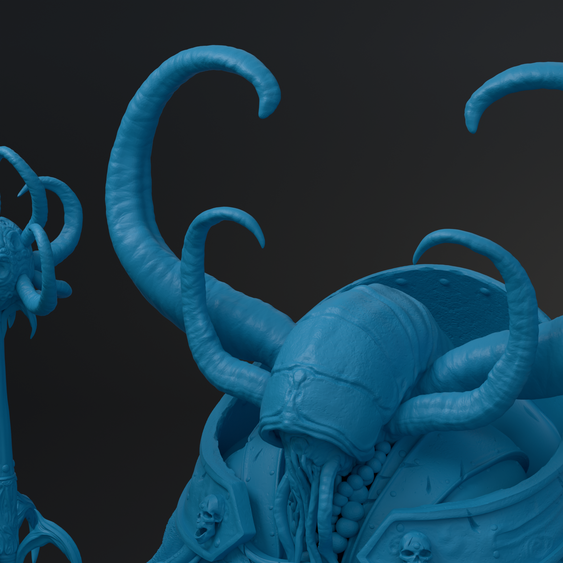 A close-up view of a blue, fantastical creature with long, curved horns and a large head, resembling a mythical or magical being.