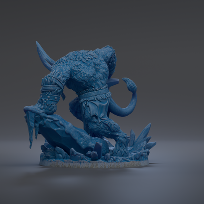 A 3D rendering of a blue, fantastical creature with a large head, long neck, and sharp teeth, standing on a rocky surface.