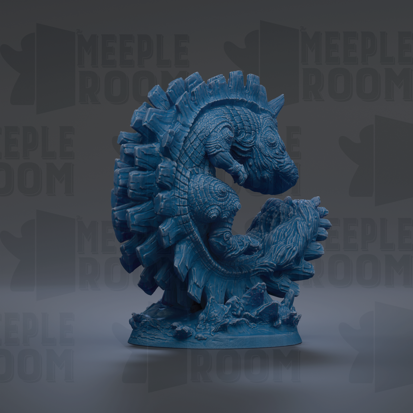 A blue, sculpted figurine of a fantastical creature with a curled, spiky body and intricate details, set against a dark background with repeated text.