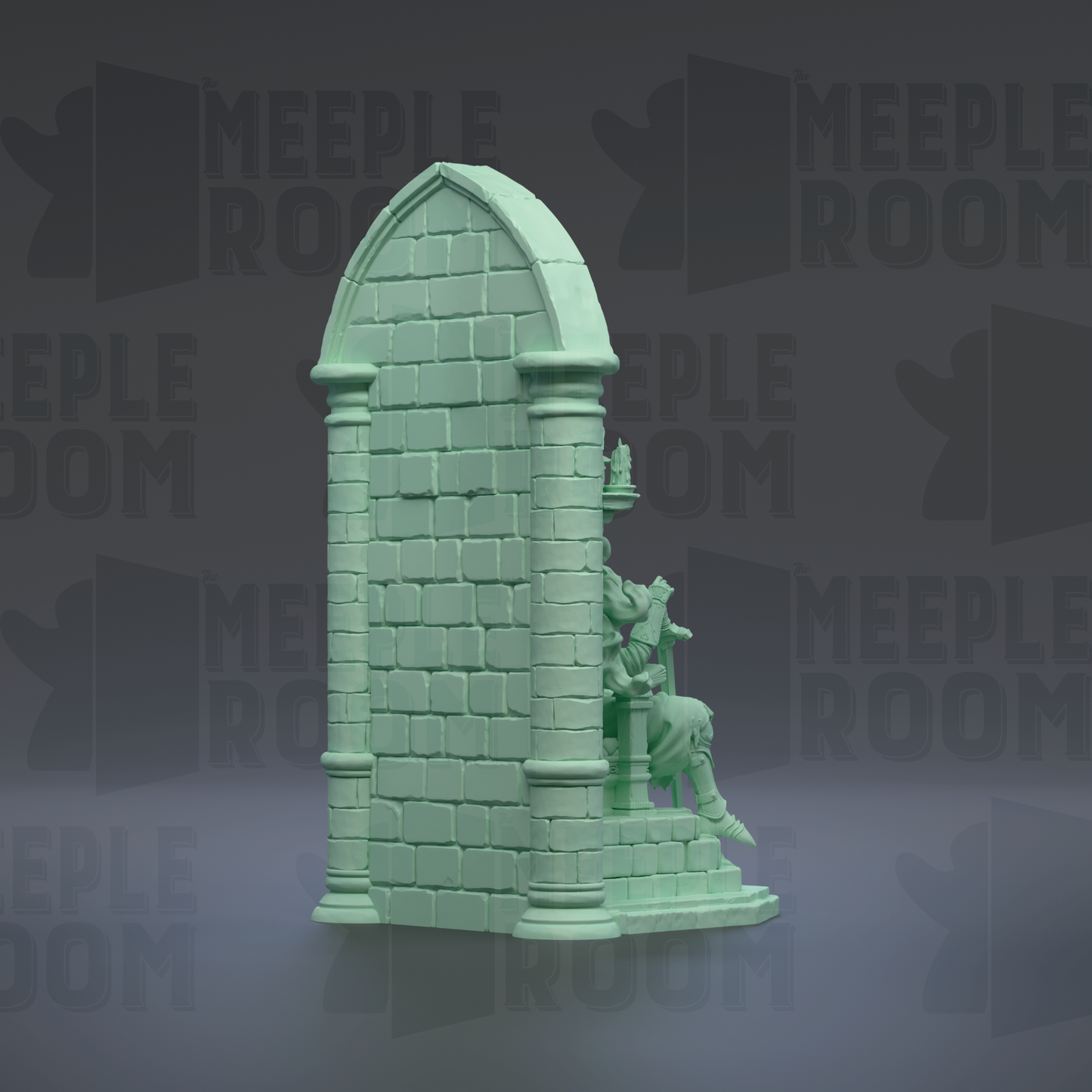 A green stone statue of a person sitting on a pedestal, with a large archway above them. The background has the text "MEUPLE ROOM" repeated multiple times.