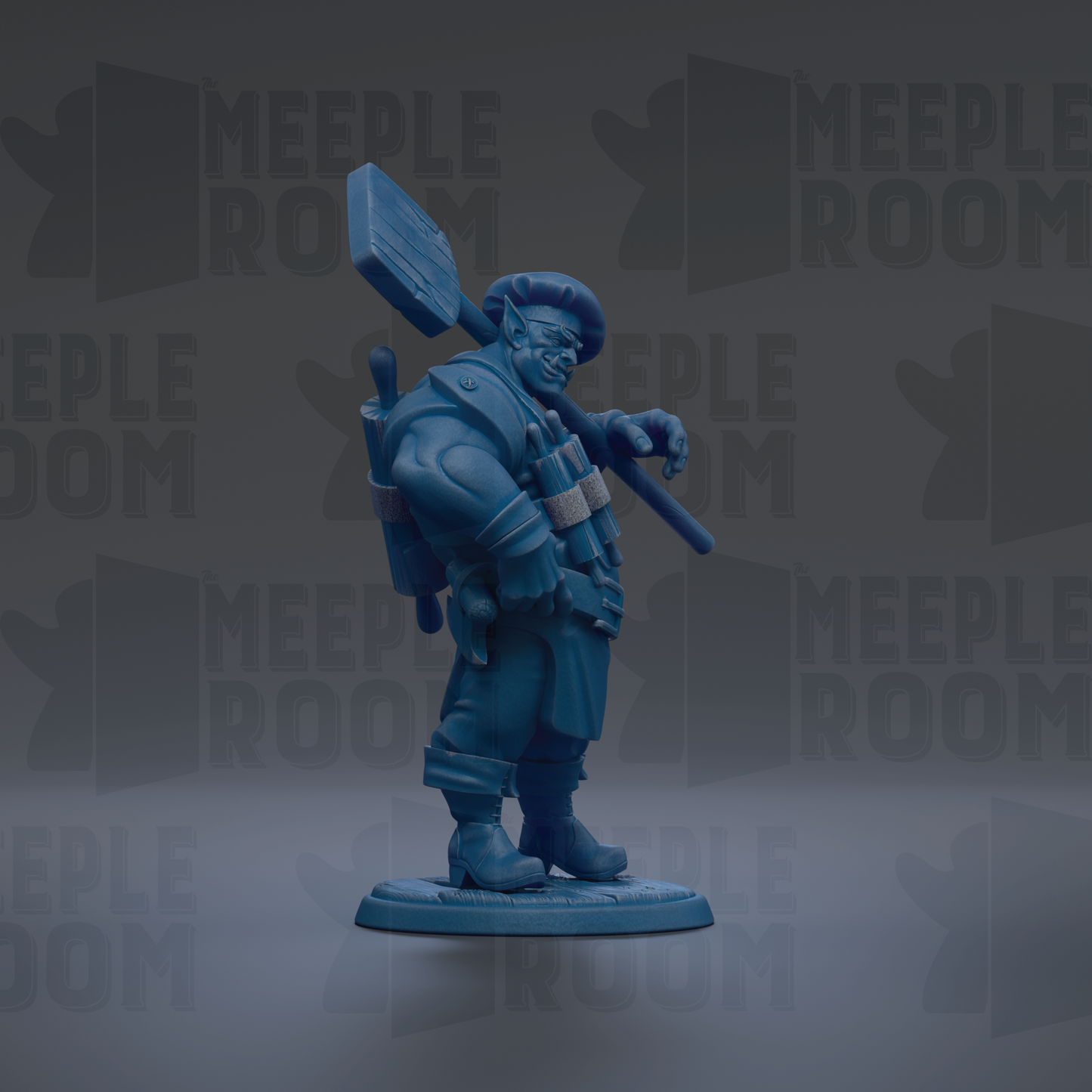 A blue figurine of a person standing on a platform, holding a large blue object in their hand.