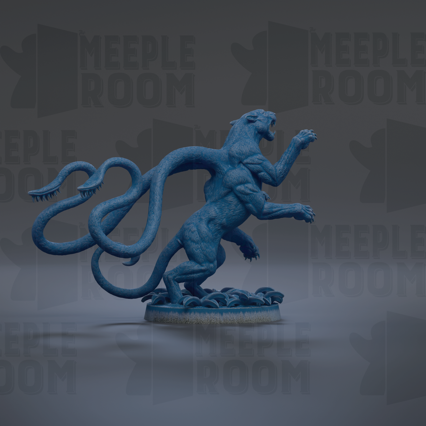 A blue, three-legged monster statue with a fierce expression, standing on a platform.