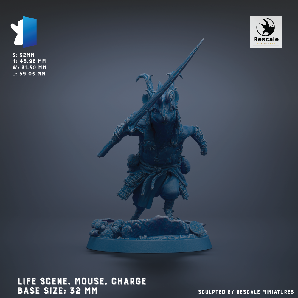 The image is a 3D model of a mouse-like creature, specifically a mouse with a charge, depicted in a blue color. The base size of the mouse is 32 mm. The image is a sculpture, and it is a life scene depicting the mouse in a dynamic pose.