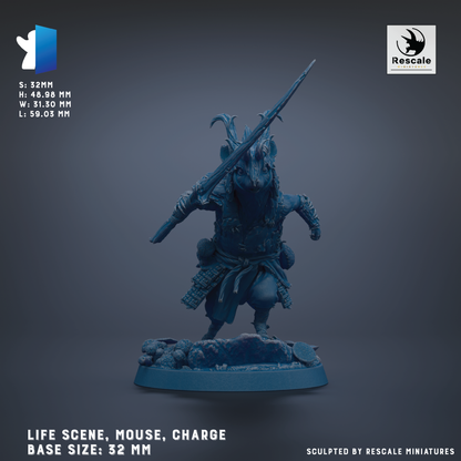 The image is a 3D model of a mouse-like creature, specifically a mouse with a charge, depicted in a blue color. The base size of the mouse is 32 mm. The image is a sculpture, and it is a life scene depicting the mouse in a dynamic pose.