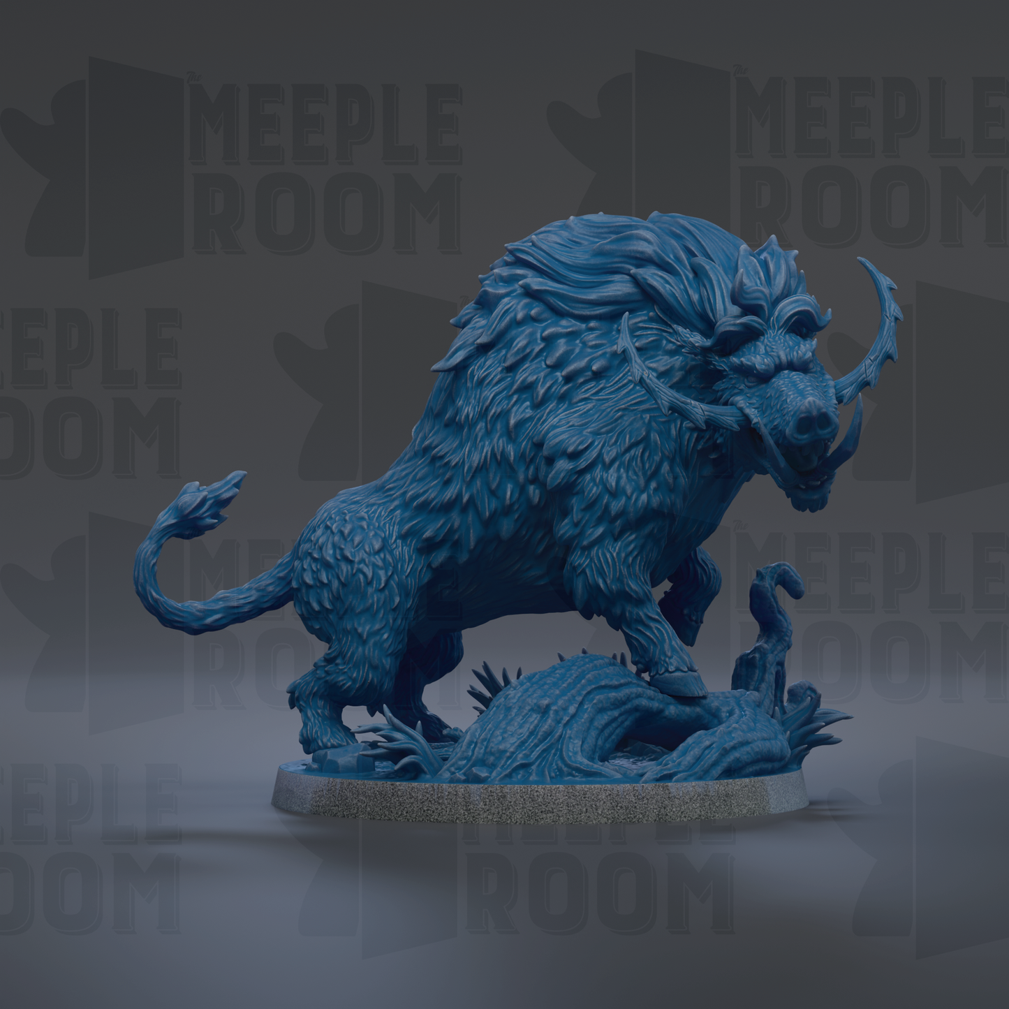 A 3D rendering of a blue, furry creature resembling a mythical or fantastical animal, possibly a dragon or a mythical beast, standing on a rock formation.