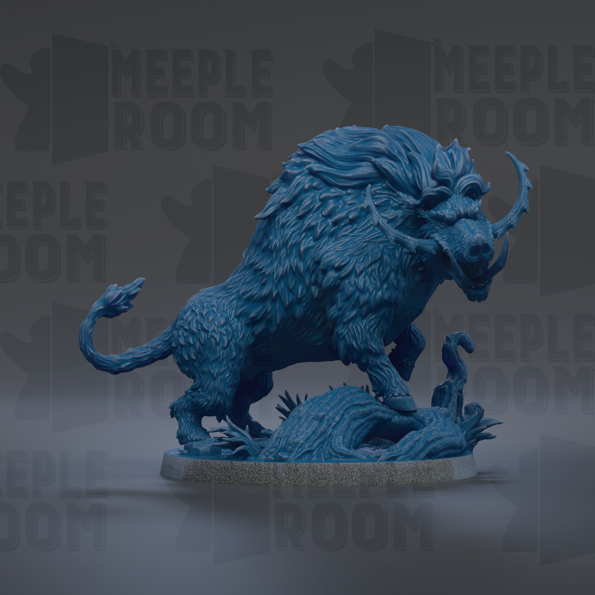 A 3D rendering of a blue, furry creature resembling a mythical or fantastical animal, possibly a dragon or a mythical beast, standing on a rock formation.