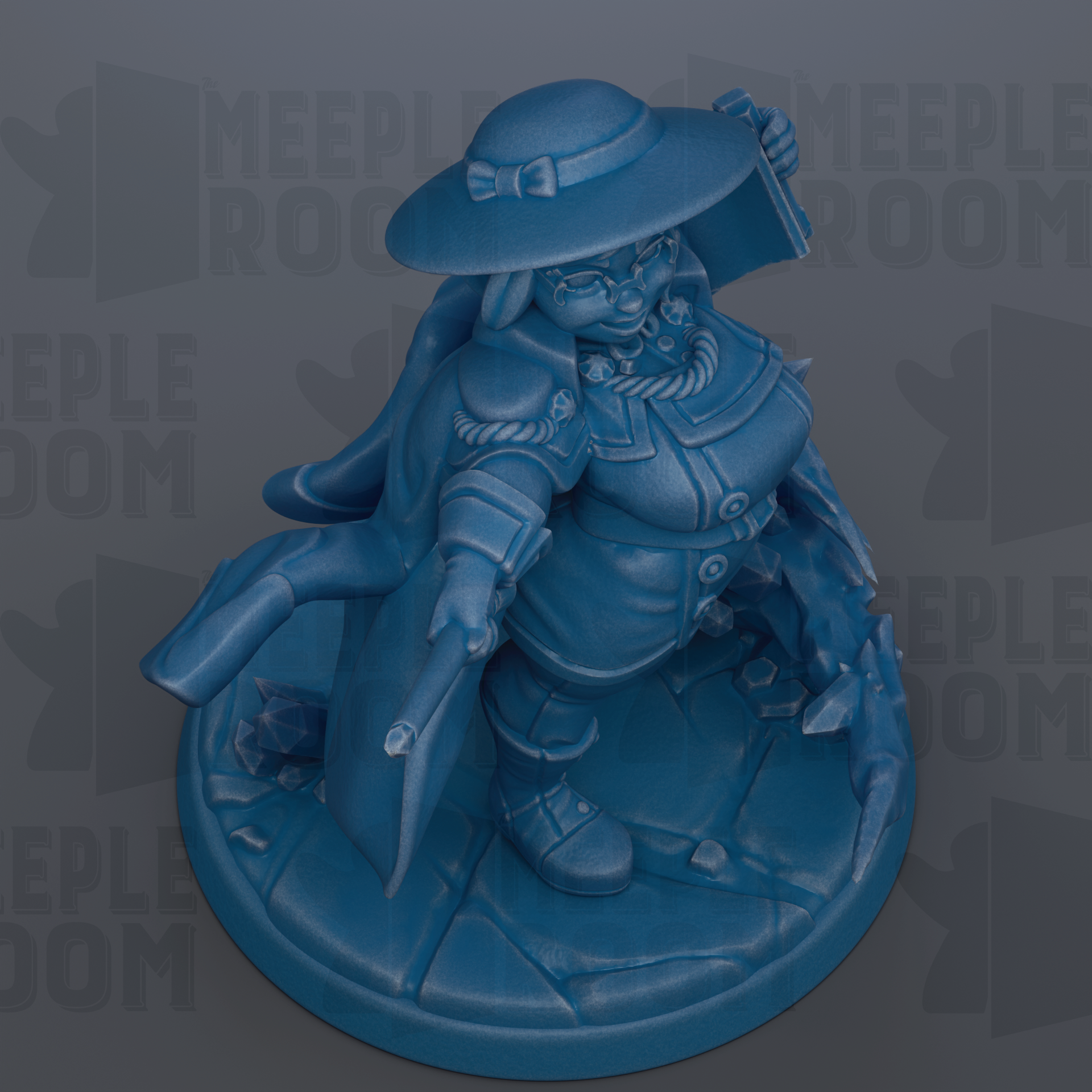A blue figurine of a character with a large hat and a sword, standing on a platform.
