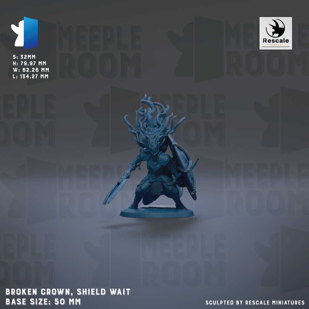 a blue figurine of a knight, a broken crown, a shield, and a sword, with the text "Broken Crown, Shield Wait" and "Base Size: 50mm" indicating the size and description of the figurine.