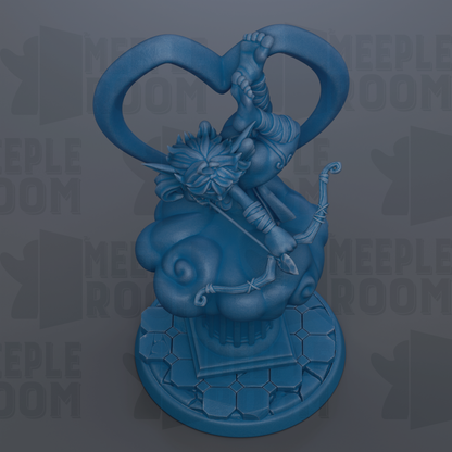 A blue statue of a winged figure holding a heart-shaped object, standing on a platform with a geometric base.
