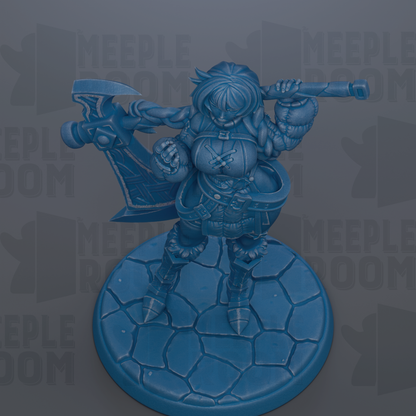 A blue figurine of a female character with a sword and shield, standing on a blue base.