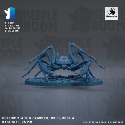 The image is a 3D rendering of a blue, spider-like creature with eight legs, sitting on a base. The creature appears to be a meadow-like creature with a blade-like appearance. The image is described as a "HOLOW BLADE S CRAWLER, WILD, POSSE A" and is shown in a base size of 75 mm. The image is described as a "Sculpted by Rescue MINIATURES".
