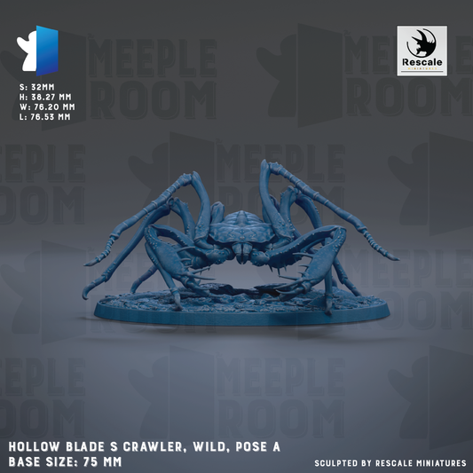 The image is a 3D rendering of a blue, spider-like creature with eight legs, sitting on a base. The creature appears to be a meadow-like creature with a blade-like appearance. The image is described as a "HOLOW BLADE S CRAWLER, WILD, POSSE A" and is shown in a base size of 75 mm. The image is described as a "Sculpted by Rescue MINIATURES".