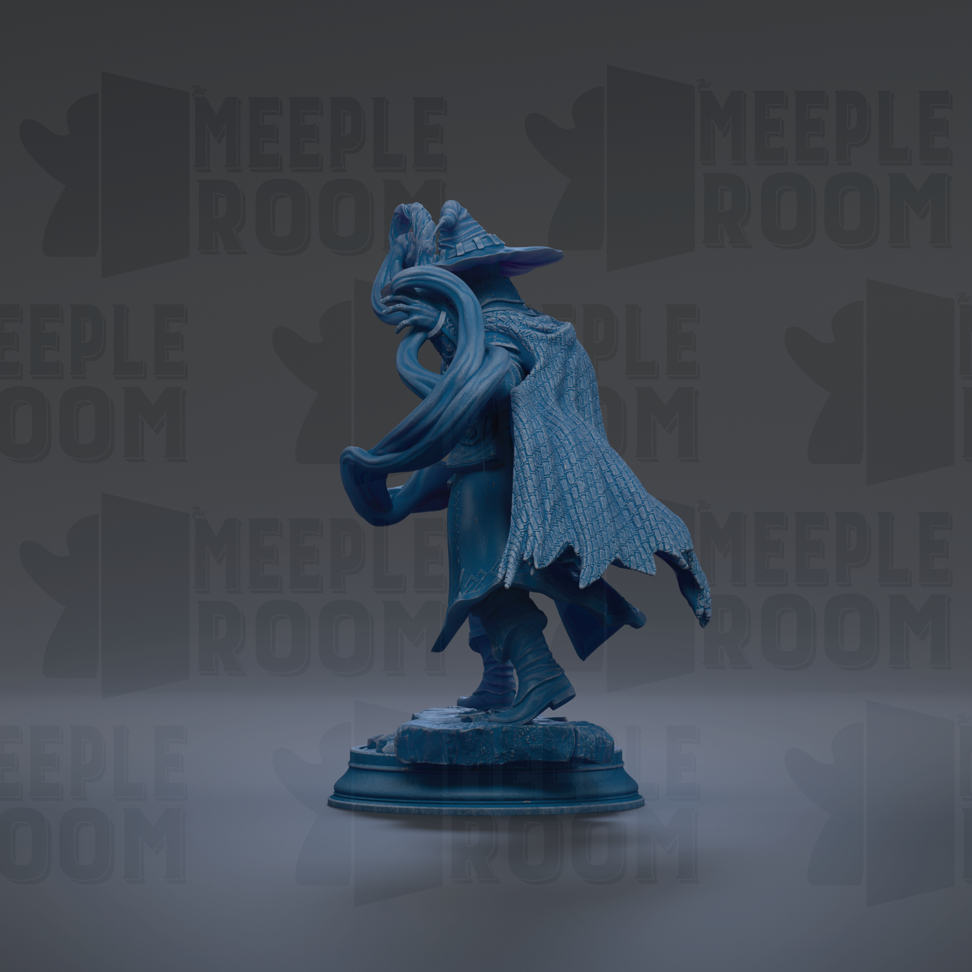 A blue statue of a figure with flowing robes and a pointed hat stands on a pedestal against a dark background with repeated "MEUPLE ROOM" text.