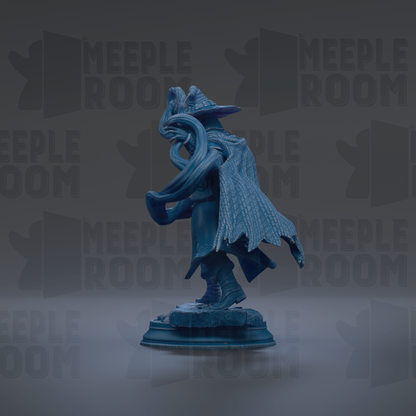 A blue statue of a figure with flowing robes and a pointed hat stands on a pedestal against a dark background with repeated "MEUPLE ROOM" text.
