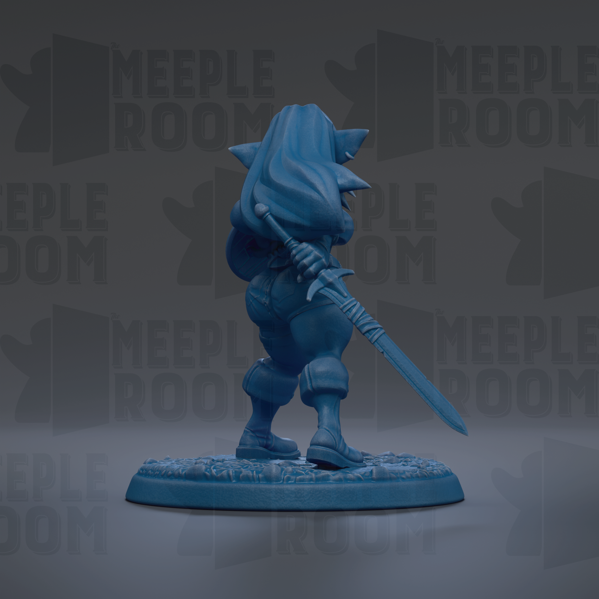A blue figurine of a character holding a sword and shield, standing on a base.