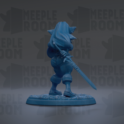 A blue figurine of a character holding a sword and shield, standing on a base.