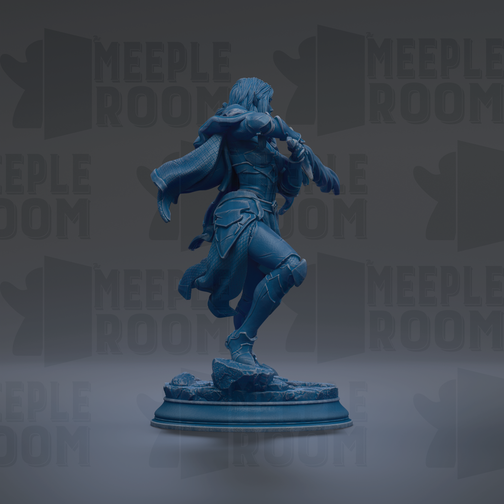A blue statue of a person standing on a pedestal against a dark background.