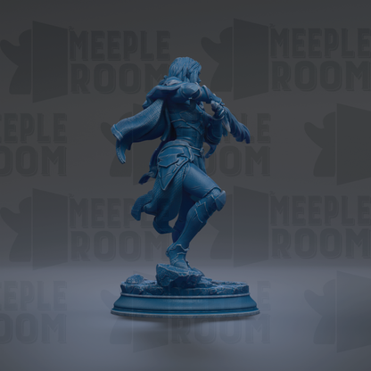 A blue statue of a person standing on a pedestal against a dark background.