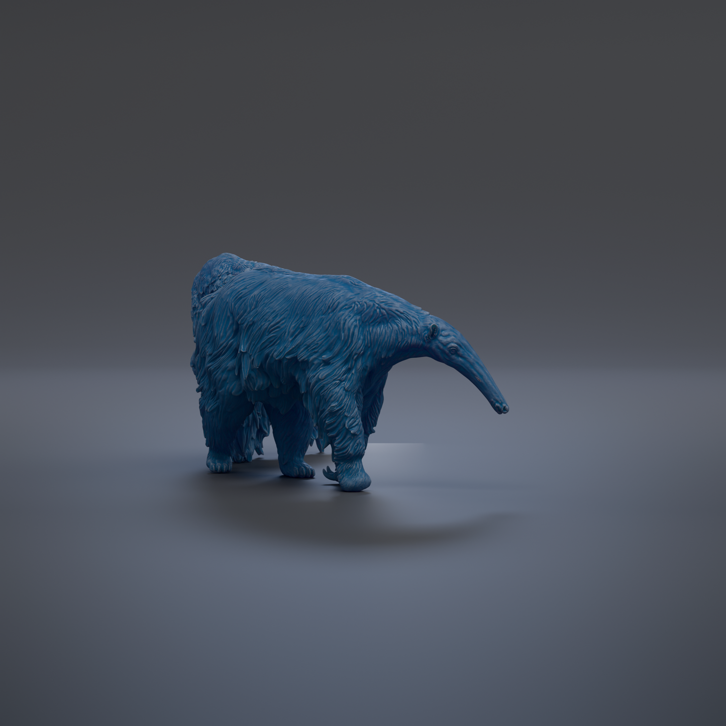 A blue, furry animal resembling a bear or a similar creature is standing on a gray surface.