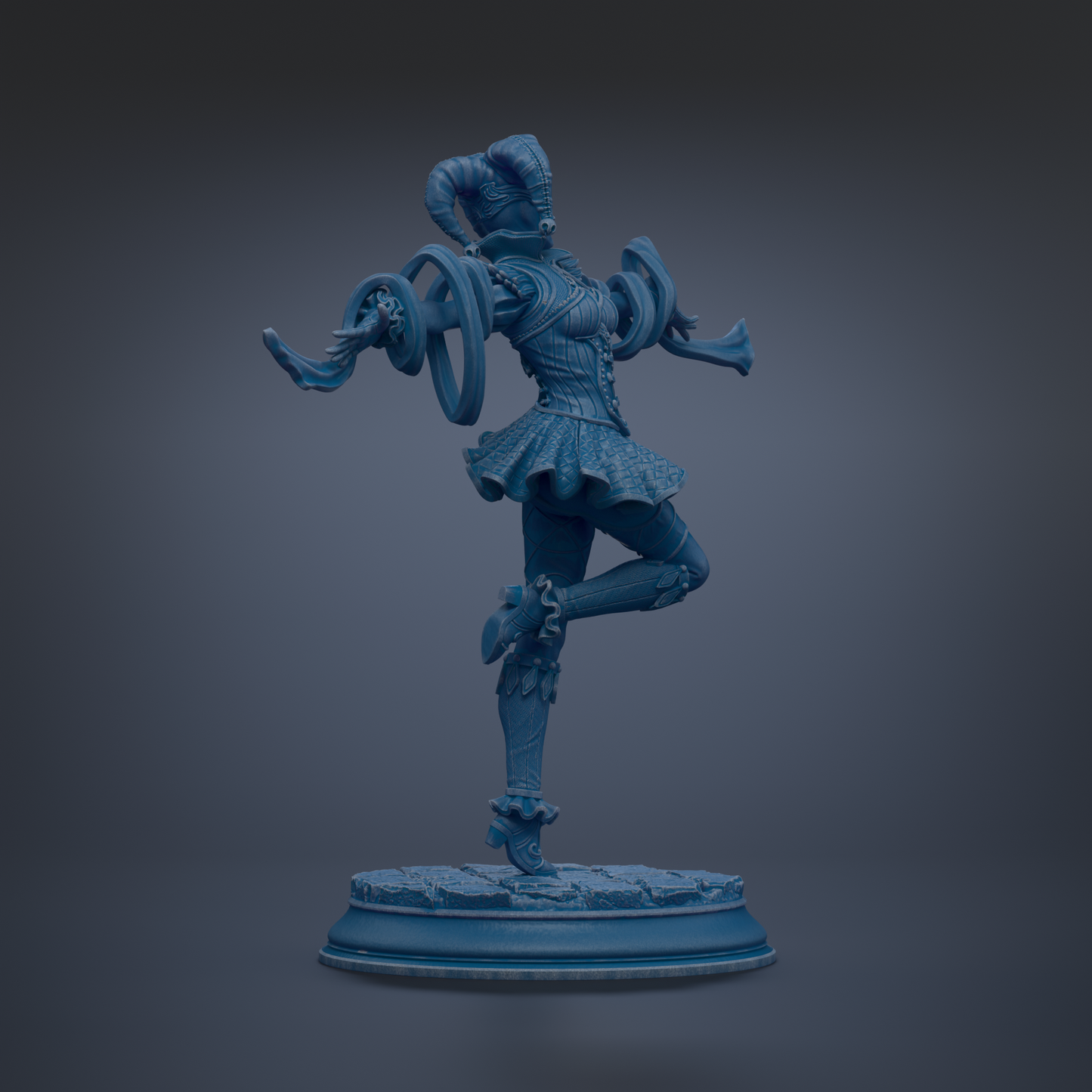 A blue statue of a figure with horns and a flowing skirt, standing on a pedestal.