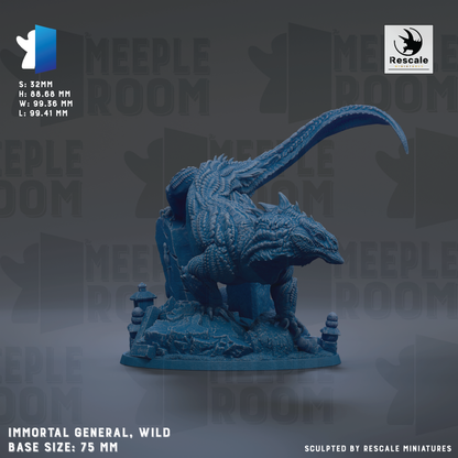 The image is a detailed model of a large, blue, scaly creature resembling a dragon or alligator, with a long, curved tail. The creature is standing on a rock formation, and the background is a dark gray color. The image is described as a "immortal general, wild" and has a base size of 7.5 mm. It is also described as a "sculpted by rescale miniatures".