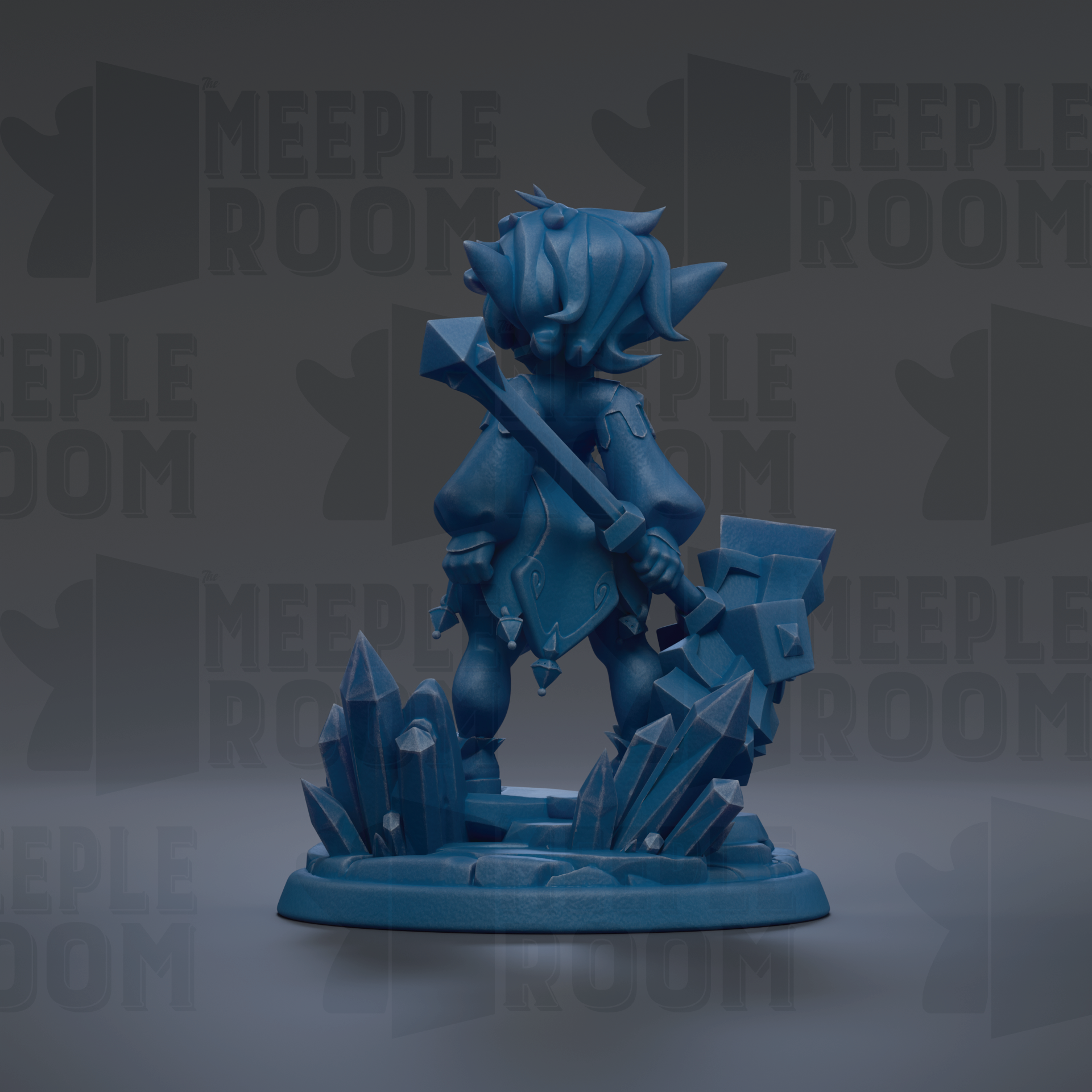 A blue figurine of a character with horns and a sword stands on a base surrounded by crystals.