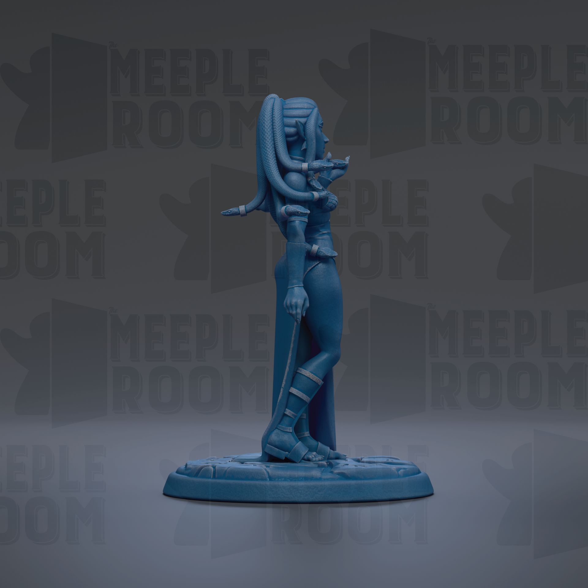 A blue figurine of a woman with long hair and a flowing dress stands on a base, with the text "MEUPLE ROOM" repeated in the background.