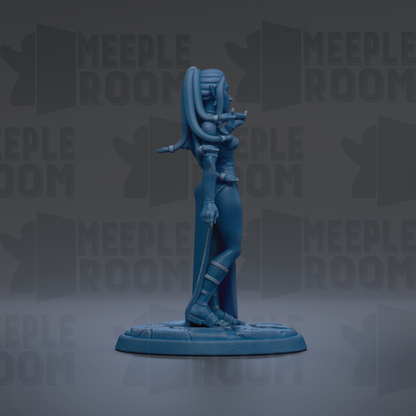 A blue figurine of a woman with long hair and a flowing dress stands on a base, with the text "MEUPLE ROOM" repeated in the background.