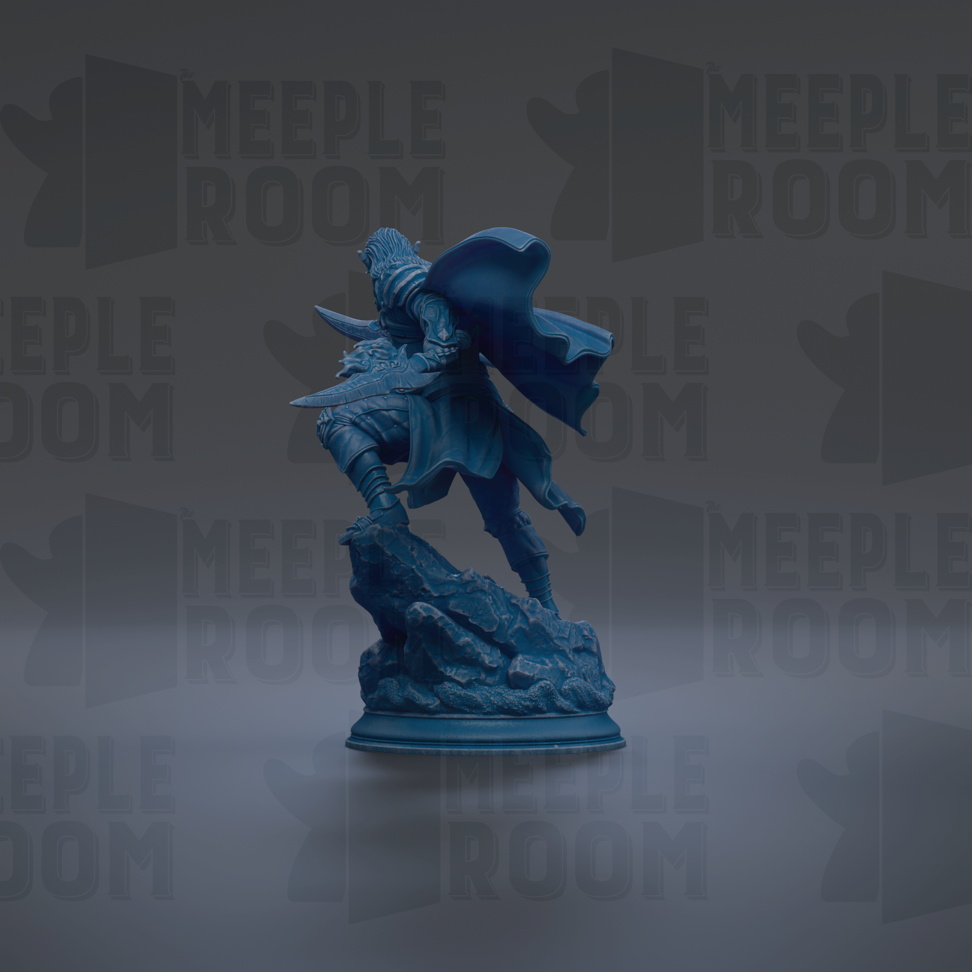 A blue statue of a warrior figure with a cape, standing on a rock and holding a weapon, against a dark background with repeated text.