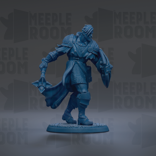 A blue figurine of a warrior figure, wearing armor and wielding a sword, is the central focus of the image.