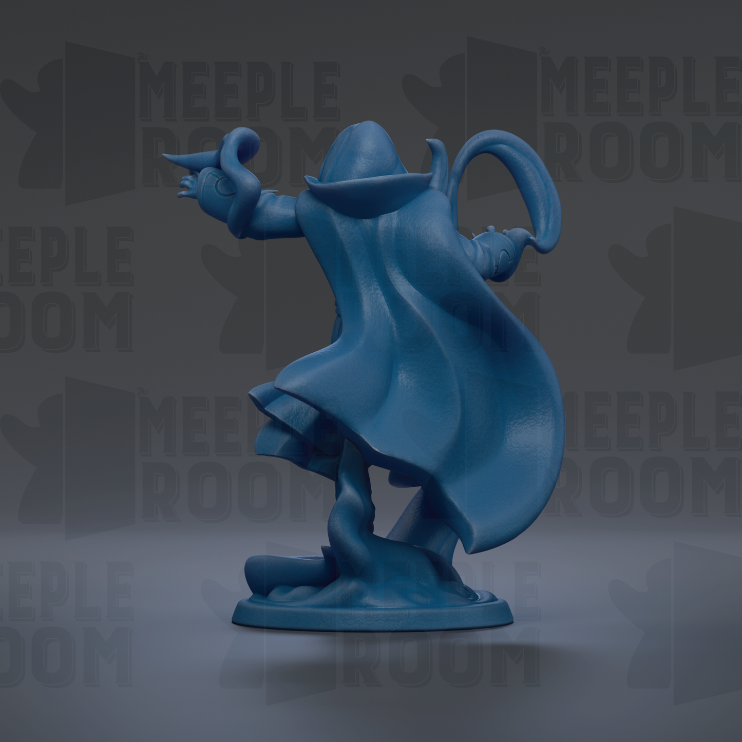 A blue figurine of a person with a flowing cape and a pointed hat, standing on a base and holding a weapon.