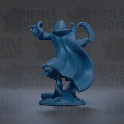 A blue figurine of a person with a flowing cape and a pointed hat, standing on a base and holding a weapon.