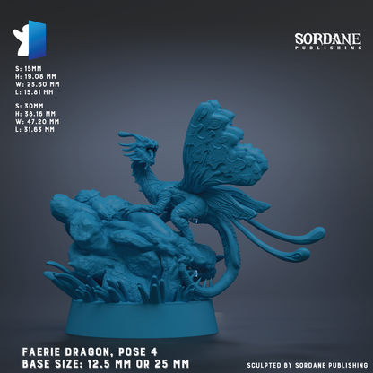 The image is a 3D model of a blue dragon statue, with the dragon in a pose that resembles it is perched on a rock. The dragon is depicted in a dynamic and lifelike manner, with its wings spread wide and its mouth open. The statue is set against a dark background, which contrasts with the vibrant blue color of the dragon. The image is labeled with the name of the statue, the base sizes, and the publisher, Sordane Publishing.