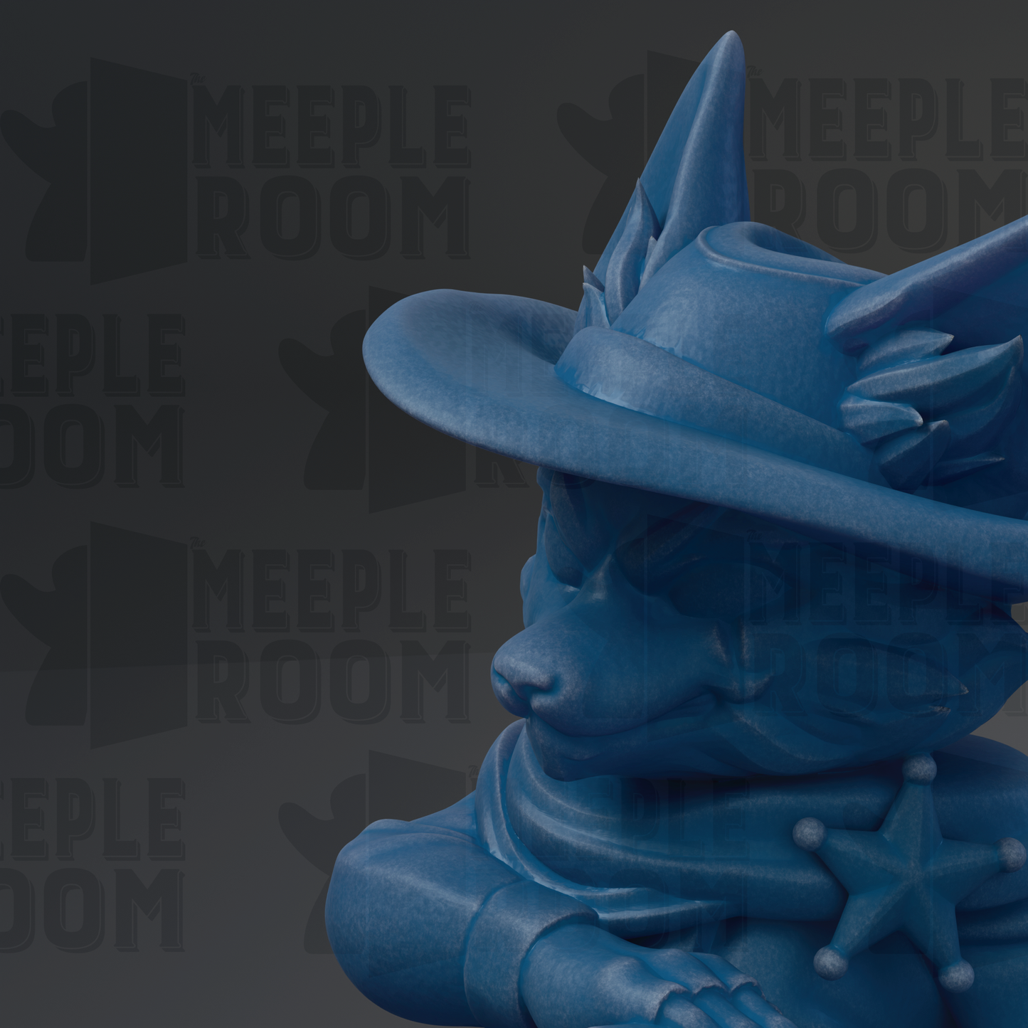 A blue cartoon character wearing a hat with a star on it, sitting against a dark background with repeated text.