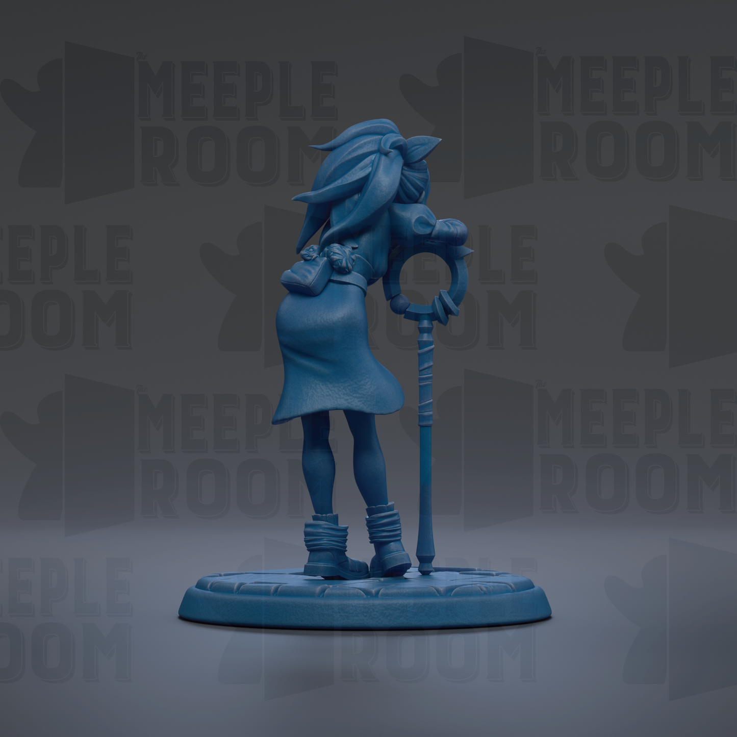 A blue figurine of a woman with long hair and a staff, standing on a base.