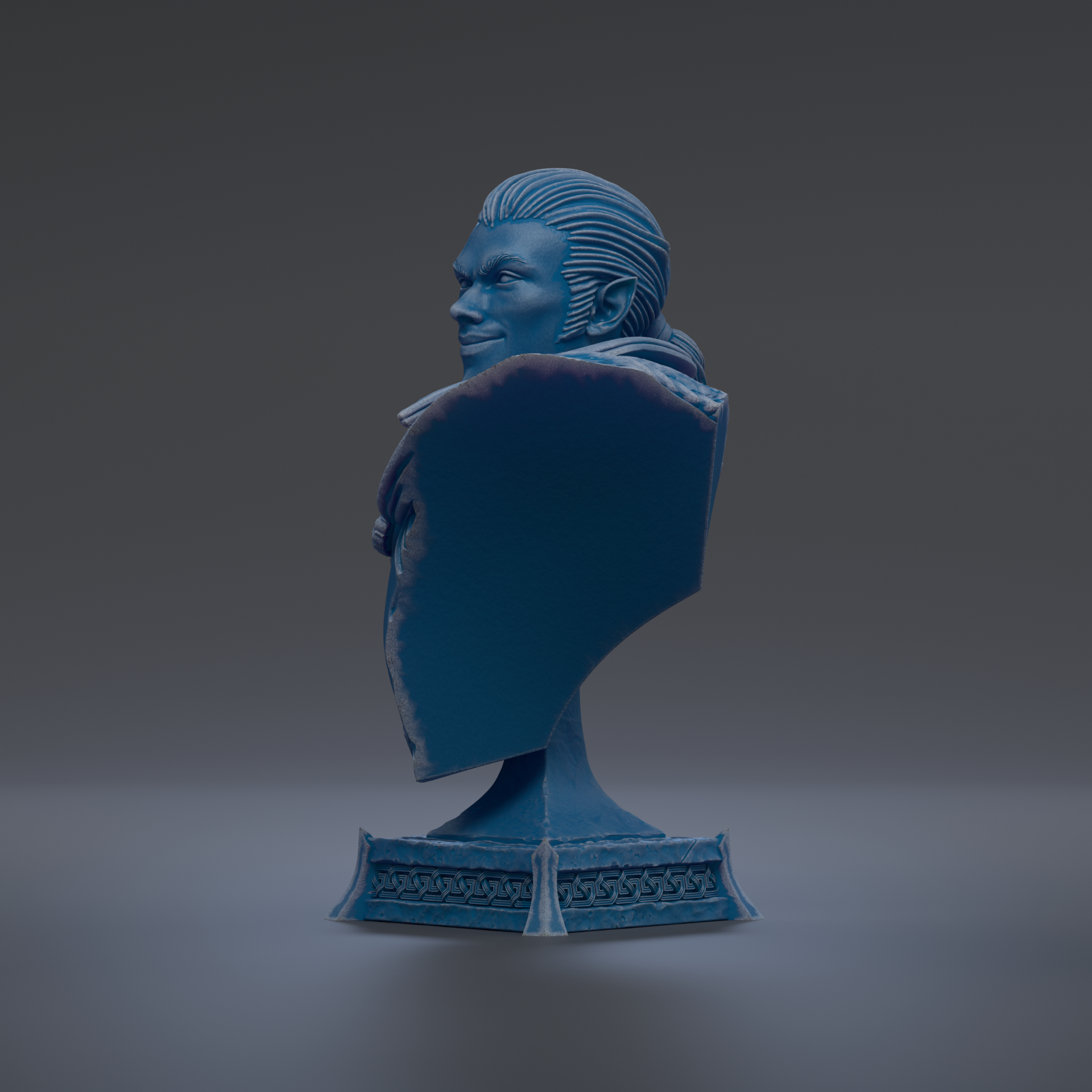 A 3D rendering of a blue bust sculpture depicting a man with a serious expression.